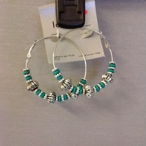 Silver and Green Beaded Hoop Earrings